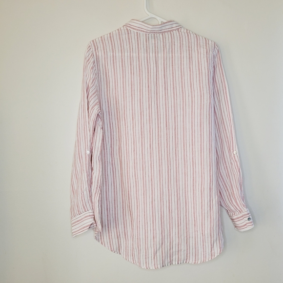 Rachel Zoe Linen Top Women's Medium Stripe Pink White Roll Sleeves Beach Summer - Picture 2 of 8
